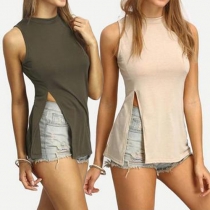 Fashion Solid Color Sleeveless Round Neck Slit Hem T-shirt
