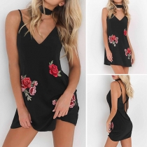 Sexy Backless Deep V-neck Rose Embroidered Sling Dress