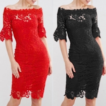 Fashion Elegant Solid Color Lace Off-shoulder Half Sleeeve Bodycon Dress 