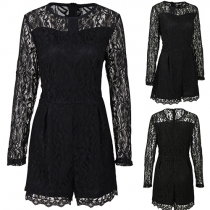 Fashion Sexy Solid Color Lace Hollow Out Long Sleeve Jumpsuits 