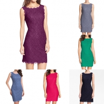 Fashion Elegant Solid Color Lace Sleeveless Slim Fit Bodycon Dress 