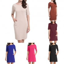 Fashion Elegant Solid Color Round Neck Half Sleeve Slim Fit Pencil Dress 