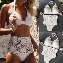Sexy Solid Color High Waist Hollow Out Knit Bikini Set