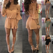 Sexy Off-shoulder Lace Spliced Solid Color Cami Romper