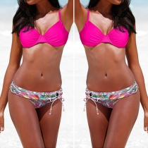 Sexy Solid Color Bikini Bra + Low Waist Printed Briefs Bikini Set