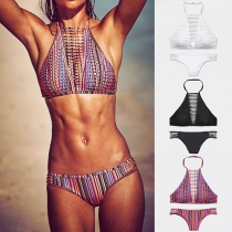 Sexy Hollow Out Printed Halter Bikini Set