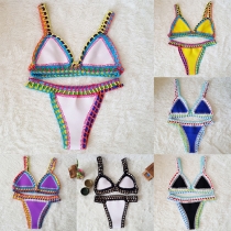 Sexy Contrast Color Handmade Crochet Spliced Neoprene Bikini Set