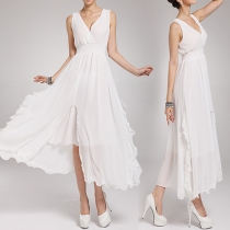 Sexy Deep V-neck Sleeveless High Waist Irregular Hem Chiffon Party Dress