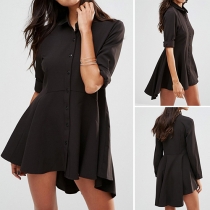 Elegant Solid Color Long Sleeve POLO Collar Dovetail Hem Shirt Dress
