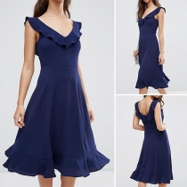 Fashion Solid Color Sleeveless V-neck Ruffle Dress