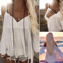 Sexy Off-shoulder Trumpet Sleeve V-neck Solid Color Cami Top