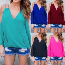 Sexy Backless Off-shoulder Long Sleeve V-neck Solid Color Chiffon Top