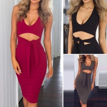 Sexy Deep V-neck Hollow Out High Waist Sleeveless Bodycon Dress