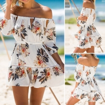 Sexy Off-shoulder Boat Neck Half Sleeve Printed Dress