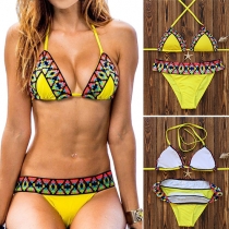 Sexy Contrast Color Printed Lace-up Halter Bikini Set