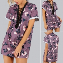 Fashion Short Sleeve Lace-up V-neck Printed Dress