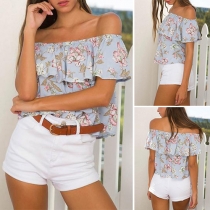 Sexy Off-shoulder Boat Neck Ruffle Printed Top