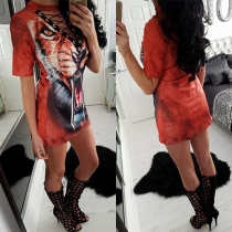 Fashion Short Sleeve Lace-up V-neck Animal Printed Slim Fit Dress