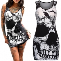 Chic Style Skull Head Printed Sleeveless Round Neck Slim Fit Dress