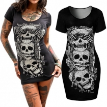 Fashion Short Sleeve Round Neck Skull Head Printed Slim Fit Dress