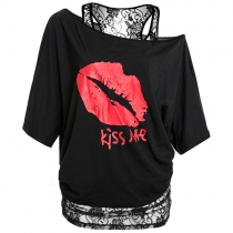 Sexy Off-shoulder Short Sleeve T-shirt + Lace Tank Dress Two-piece Set