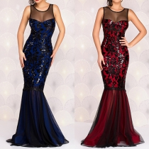 Sexy See-through Gauze Spliced Sleeveless Sequin Evening Dress