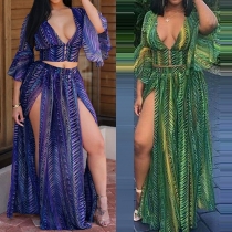 Sexy Deep V-neck Trumpet Sleeve Crop Top + High Waist Slit Hem Maxi Skirt Two-piece Set