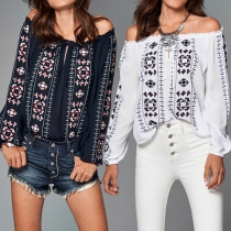 Fashion Lace-up Boat Neck Long Sleeve Irregular Hem Printed Blouse
