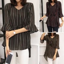 Fashion 3/4 Trumpet Sleeve V-neck High-low Hem Striped Blouse