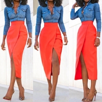 Elegant Solid Color High Waist Slit Hem Skirt