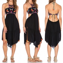 Sexy Backless Irregular Hem Lace-up Halter Chiffon Dress
