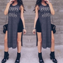 Chic Style Sleeveless Round Neck Slit Hem Letters Printed Top