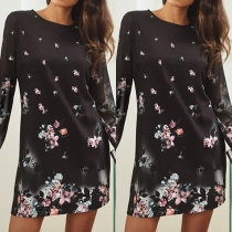 Fashion Long Sleeve Round Neck Printed Shift Dress