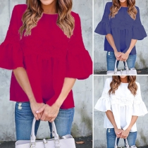Fashion Solid Color Trumpet Sleeve Lace Spliced Top