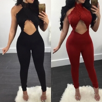 Sexy Backless Hollow Out Lace Spliced High Waist Slim Fit Jumpsuit