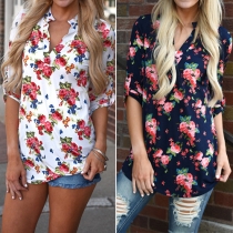 Fashion 3/4 Sleeve V-neck Printed T-shirt