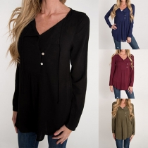 Fashion Solid Color Long Sleeve V-neck Arc Hem Blouse