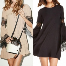 Fashion Lace Spliced Trumpet Sleeve Round Neck Solid Color Dress