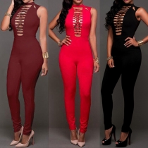 Sexy Hollow Out Deep V-neck Sleeveless High Waist Slim Fit Jumpsuit