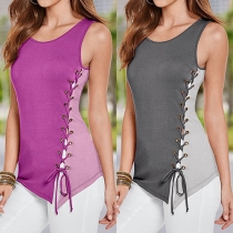 Fashion Contrast Color Sleeveless Round Neck Irregular Hem Lace-up T-shirt