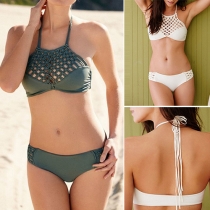 Bohemian Style Hollow Out Braided Spliced Solid Color Bikini Set