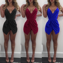 Sexy Backless Deep V-neck Irregular Hem Solid Color Sling Romper