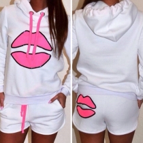 Fashion Lip Printed Long Sleeve Hoodie + High Waist Shorts Two-piece Set