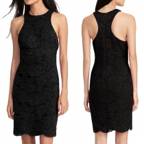 Elegant Solid Color Sleeveless Round Neck Slim Fit Lace Dress