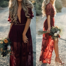 Sexy Deep V-neck Slit Hem Short Sleeve See-through Lace Dress