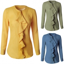 Fashion Solid Color Long Sleeve Round Neck Ruffle Blouse