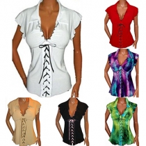 OL Style Sleeveless V-neck Lace-up Chiffon Blouse
