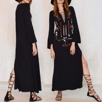 Sexy Deep V-neck Slit Hem Trumpet Sleeve Embroidered Maxi Dress