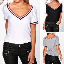 Fashion Contrast Color Short Sleeve V-neck T-shirt