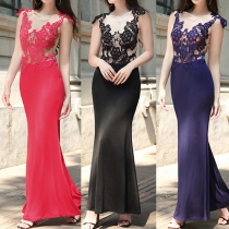Sexy Backless Lace Spliced Sleeveless Floor-length Evening Dress
